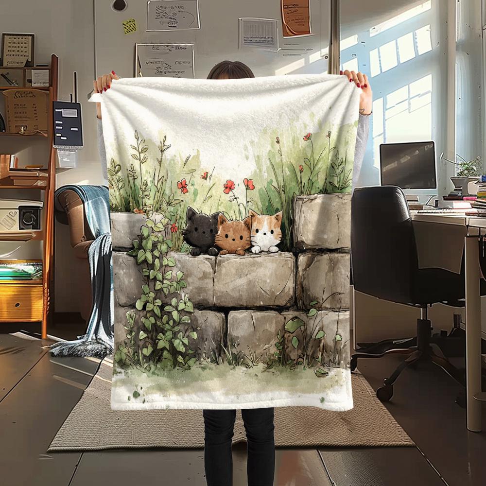 Peeking Cats Print Flannel Blanket, High quality Comfortable for All Seasons, Home Decor, Warmth and Comfort