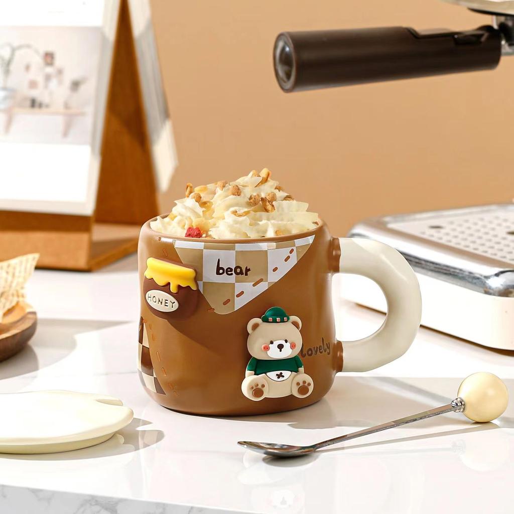 Kubek Honey Bear z zagęszczoną ceramiką z pokrywką i łyżeczką, kubek do kawy, 3D, magnetyczny, odłączany, adsorpcyjny, wieszak na napoje