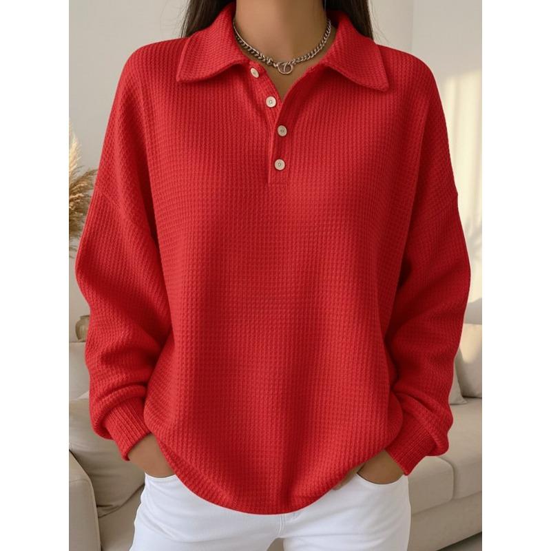 Loose Solid Color Turn Down Collar Waffle Long Sleeve Women Casual Polo Shirt