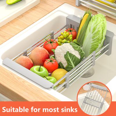 Stainless Steel Adjustable Expandable Rack Multifunctional Kitchen Sink Drain Basket with Dish Drying & Rinsing Non-Slip
