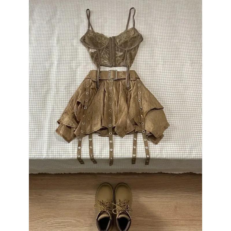 Harajuku Vintage-Mode 3-teiliges Set für Damen, kurze Strickjacke + schmale Weste + Y2k E-Girl-Rock mit hoher Taille, Hot Girls-Anzug im koreanischen Stil