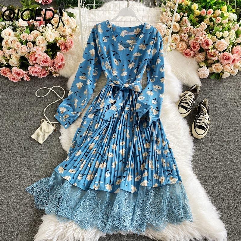 QICED 10 Color Retro Floral V-Neck Halter Waist Lace Dress Colored Fashion Long Dresses