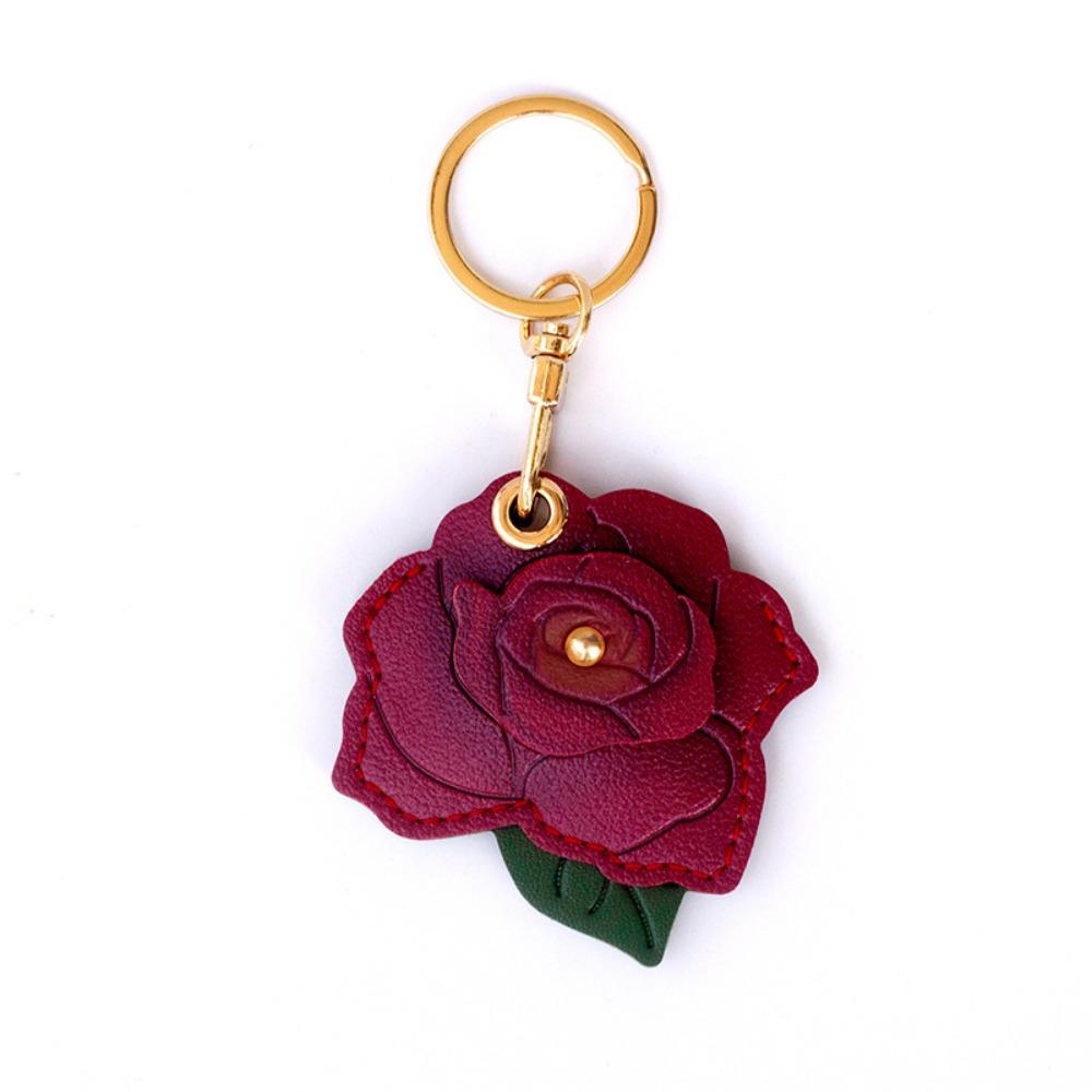 3D Rose Rose Flower Bag Keychain PU Leather Entrance Guard Card Holder Bag Hanging Ornament  Travel