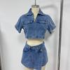 Doppelreihiger V-Ausschnitt Pullover Denim Top & Hochtaillierter Denim Rock Set