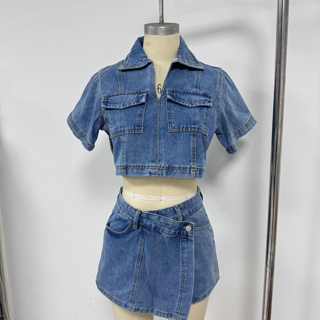 Doppelreihiger V-Ausschnitt Pullover Denim Top & Hochtaillierter Denim Rock Set