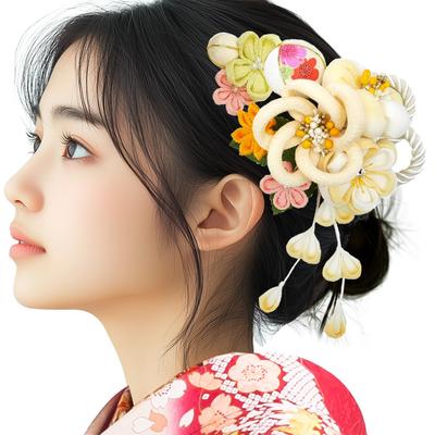 2 Piece Hair Ornament Set Furisode Coming of Age Ceremony Tsumami Crafts Crepe KK-032 (Cream)