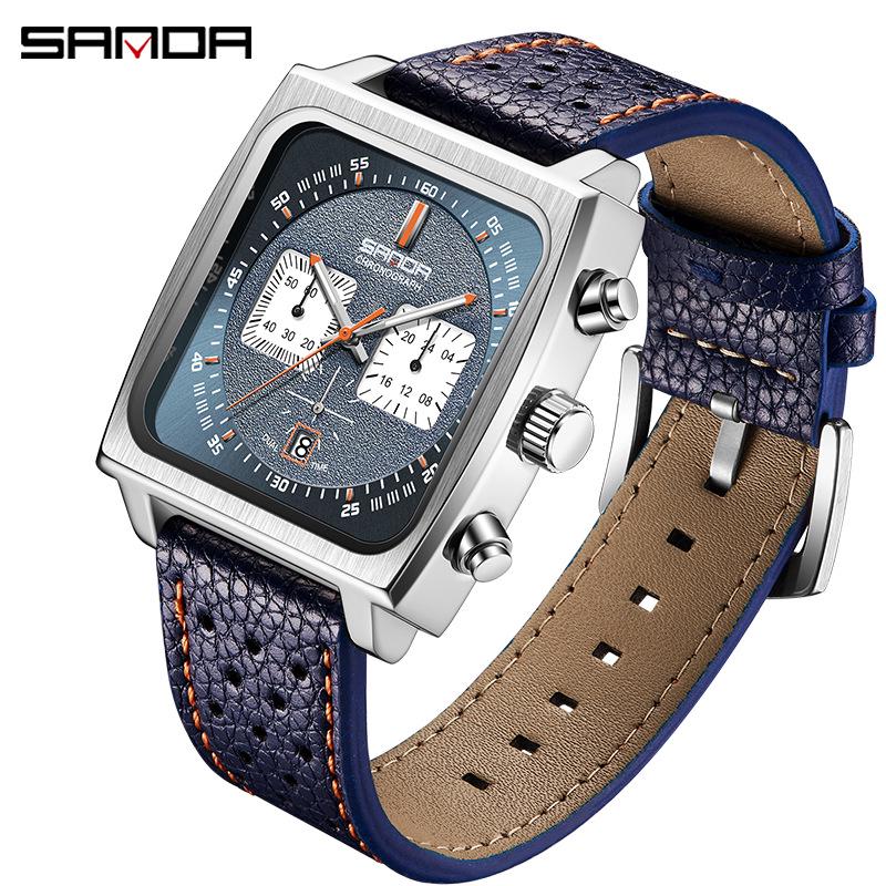 Sanda Waterproof Men s Square Quartz Watch with Calendar and Chronograph