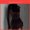 European Style Velvet Turtleneck Dress With Lace Hem For Evening Parties