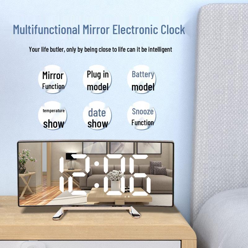 Multifunctional LED Desktop Alarm Clock with Large Curved Screen and Digital Mirror Display