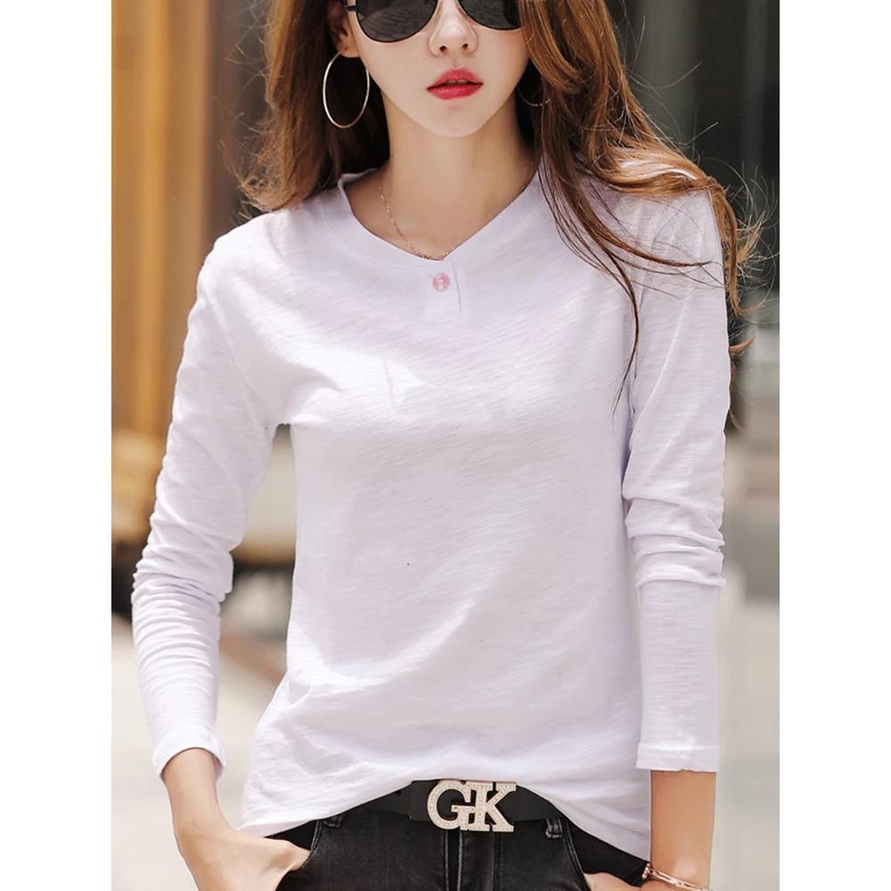 2025 Long Sleeve Spring Women Slub Cotton T Shirts Female Button Green V-Neck Solid Color T-shirt Coffee Korean Soft Loose Tops