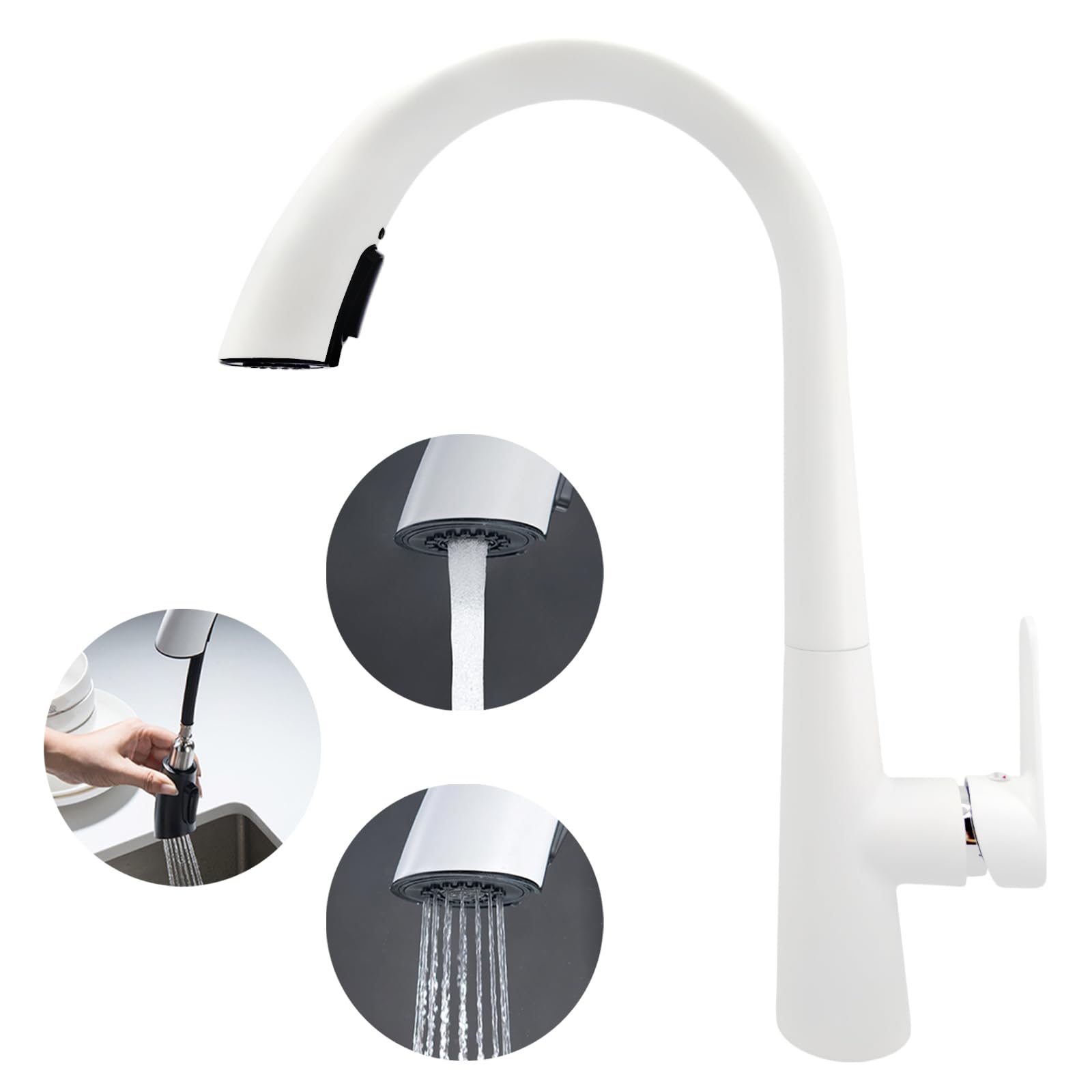

weixiaoba Kitchen Mixer 2 Kitchen Single Gooseneck for Single Hole Spout Faucet, Tap, 1-Hole, 360° Rotating, Patterns, Tap, Pull-Down Spout, Lever,