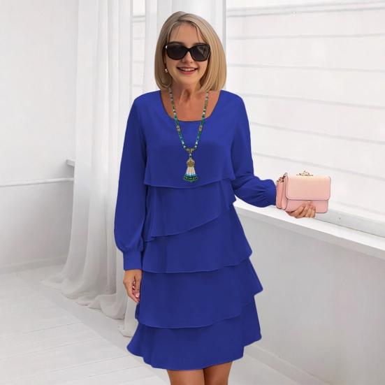 Women Dress Solid Color Multi Layered Cake Dress Round Neck