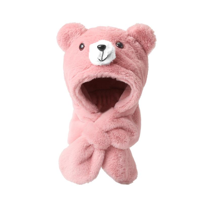 Children's cartoon bear hat girl baby autumn and winter Korean version imitation rabbit fur cute scarf integrated warm plush hat