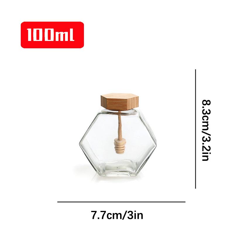 Шестигранная стеклянная бутылка для меда с деревянным горшком для меда, палочкой для перемешивания, герметичная прозрачная банка для варенья, для хранения на кухне и дома, 100 мл/220 мл/380 мл