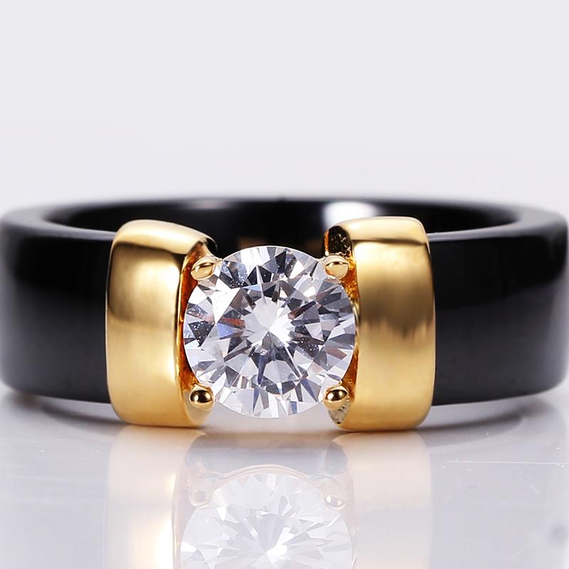 6mm White Black Ceramic Rings Plus Cubic Zirconia for Women Gold Color Stainless Steel Women Wedding Ring Engagement Jewelry