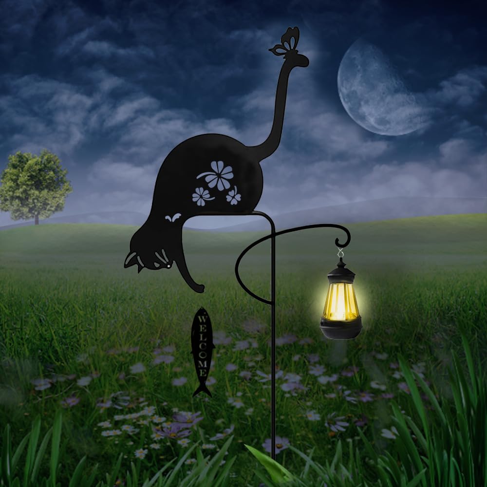 YZYOE Solar Black Cat Fishing Garden Decorative Iron Art Cute Cat Fishing Wireless Dusk To Dawn LED Landscape Light, Light, Light, Waterproof.