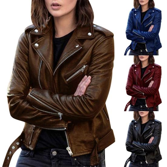 Women Jacket Solid Color Turndown Collar Autumn Winter Long Sleeve Zipper Coat with Belt for Riding
