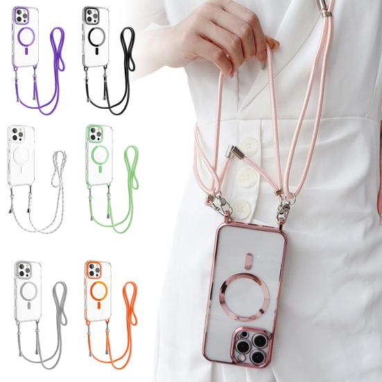 Magnetic Clear Phone Case for IPhone 16 Series Shockproof Crossbody Phone Case with Shoulder Strap Phone Protective Cover Compatible with for MagSafe