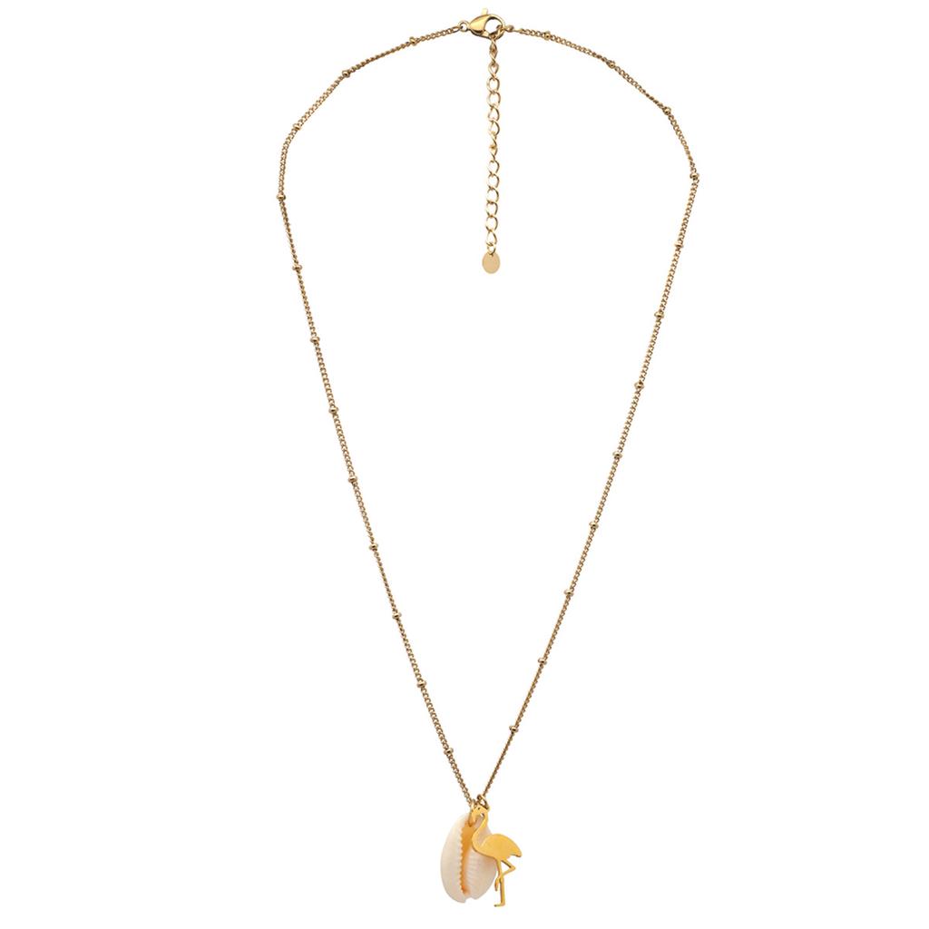 Les Trésors De Lily [Q8619] - Designer Silver 'Cowrie' Steel Necklace - Cowrie 18x12 Mm - Pink Flamingo 25x15 Mm