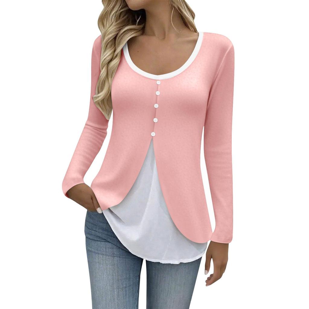 Women's Casual Fashion U-neck Contrast Color Long Sleeve Button T-shirt