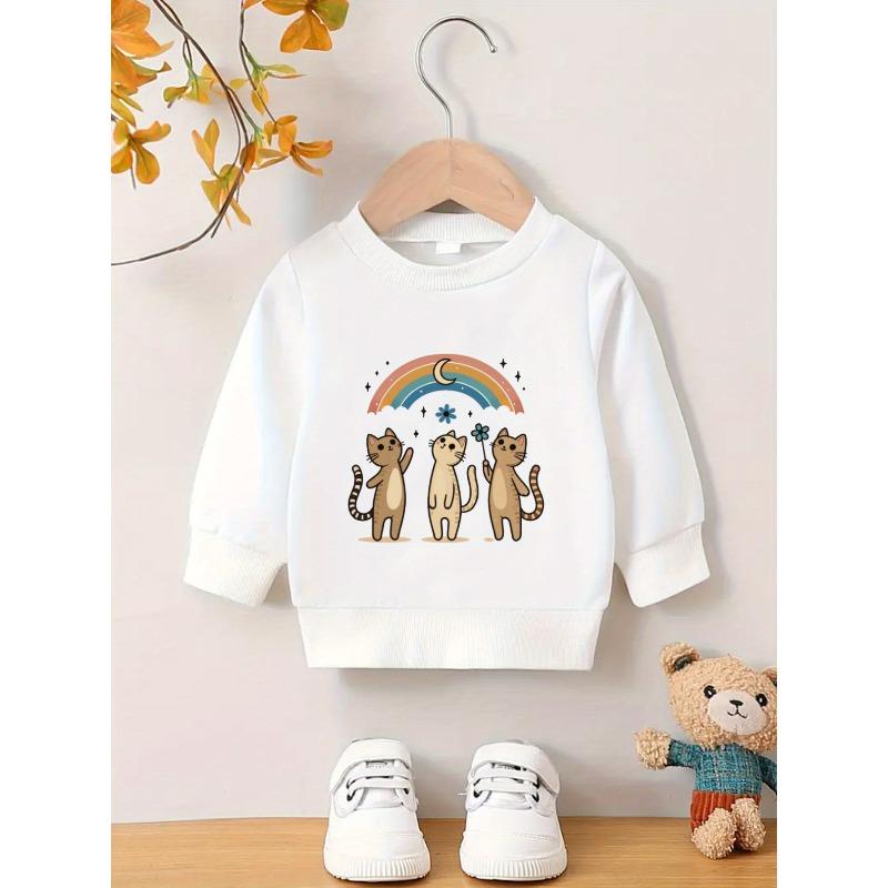Kids Crewneck Sweatshirt, Cartoon Three Kittens & Rainbow Graphic Print, Spring Autumn Casual Tops