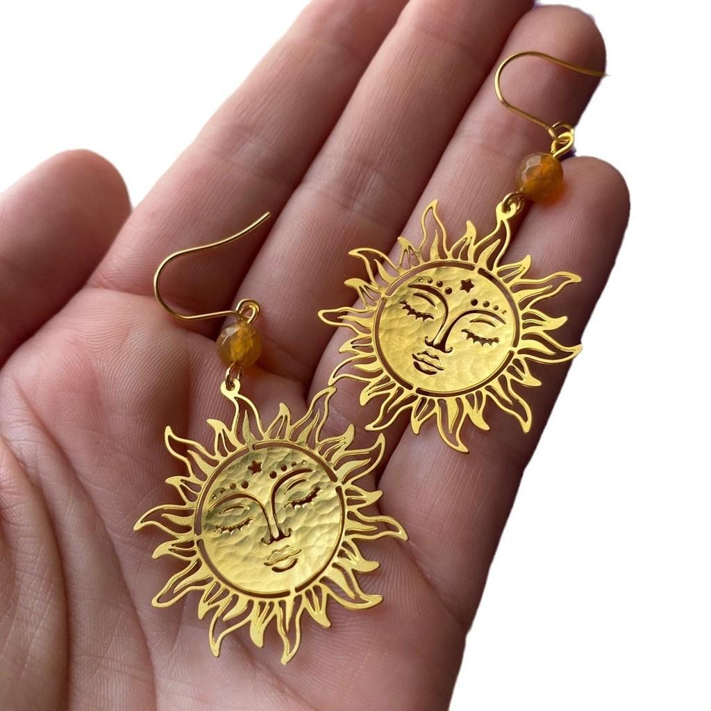 Bohemian Gold Sun Earrings With Gemstone Design For Women Summer