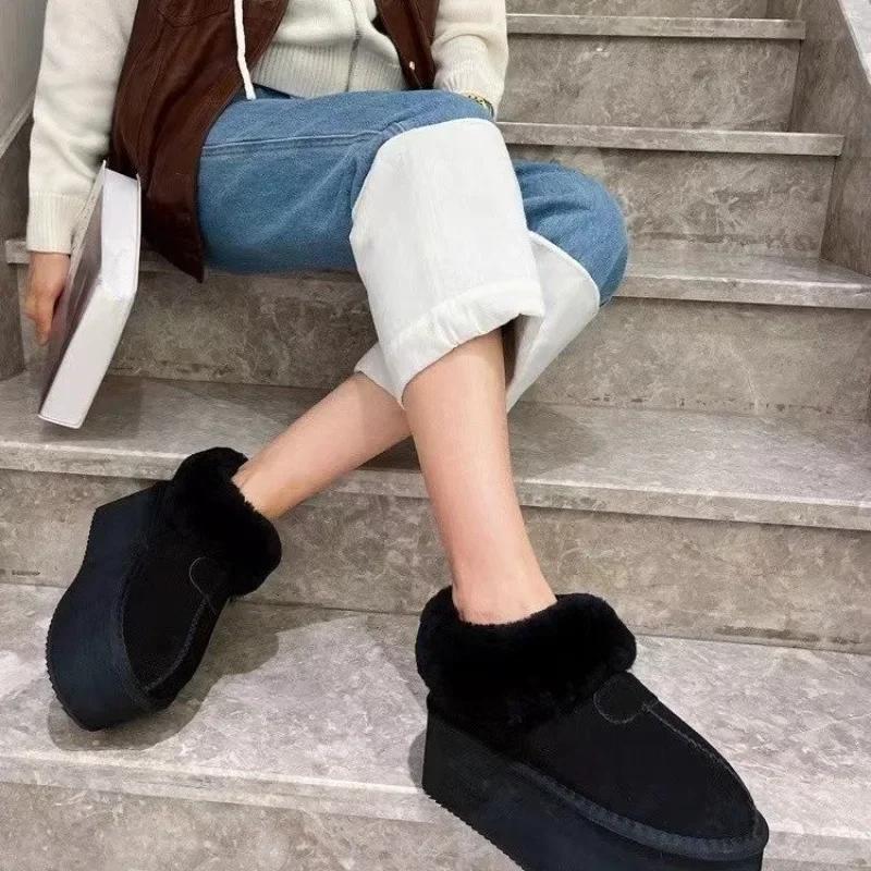 Platform Ankle Snow Boots Woman Fur Cotton Shoes High Heels Brand Suede Warm Plush Slippers Woman 2024 Trend Casual Botas Muejr