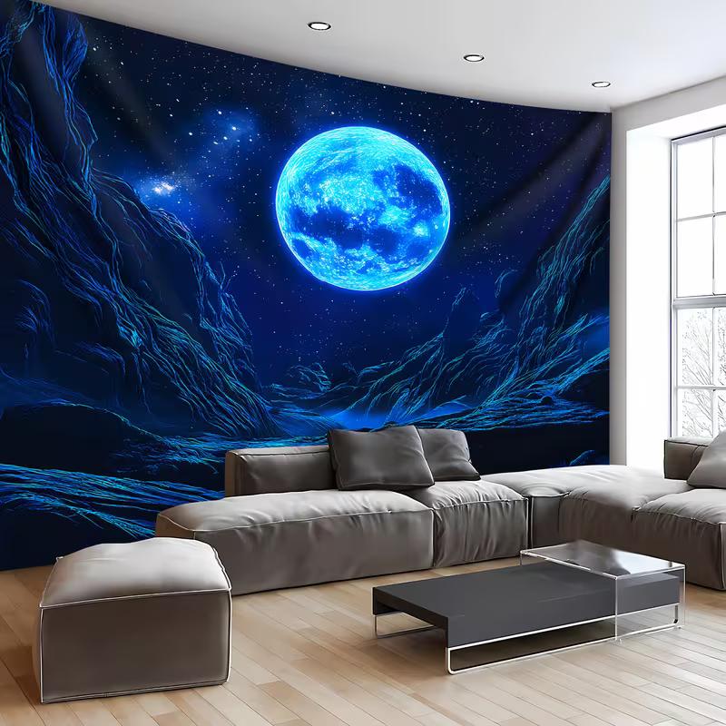 2D Cosmic Blue Moon & Mountain Tapestry Bedroom Background Decor