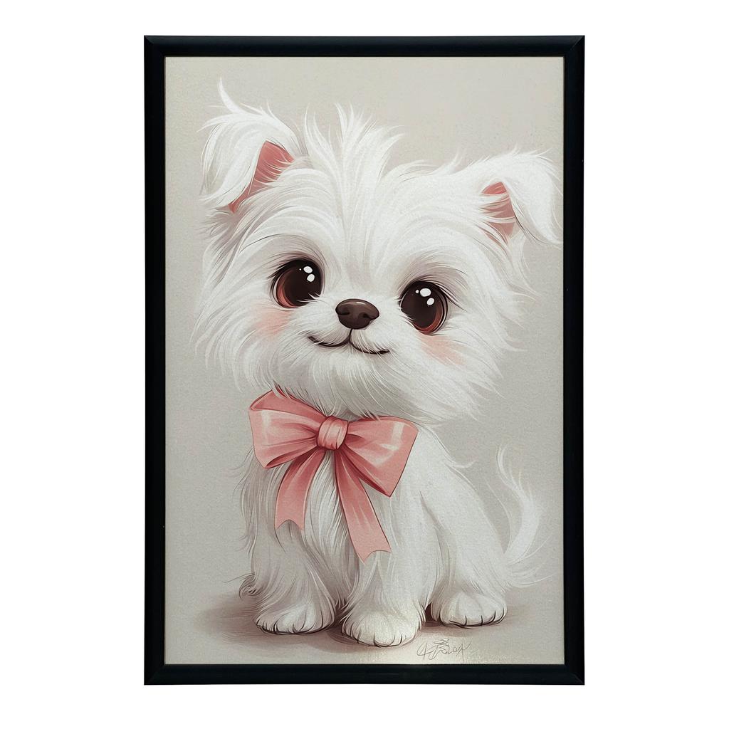 Plakat Uroczy Piesek W Różowej Muszce Plakat Uroczy Piesek W Różowej Muszce, 50X70 Cm, Rama Aluminiowa Czarna, Papier Matowy 230 Gsm