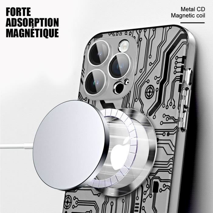 Coque pour iPhone 15 Pro Max avec Cercle Magnétique, Coque Rigide Antichoc Translucide Noir + Protection Caméra Verre Trempé