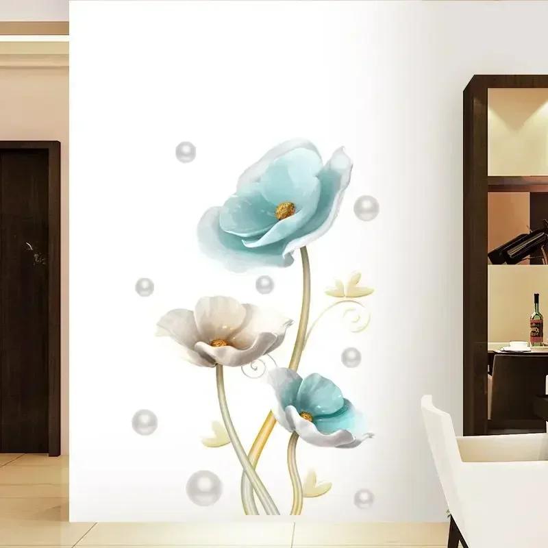 New Blue Lotus Wall Stickers Large DIY Decorative Stickers Living Room Home Decor Flowers Wall Decals Bedroom Art Design