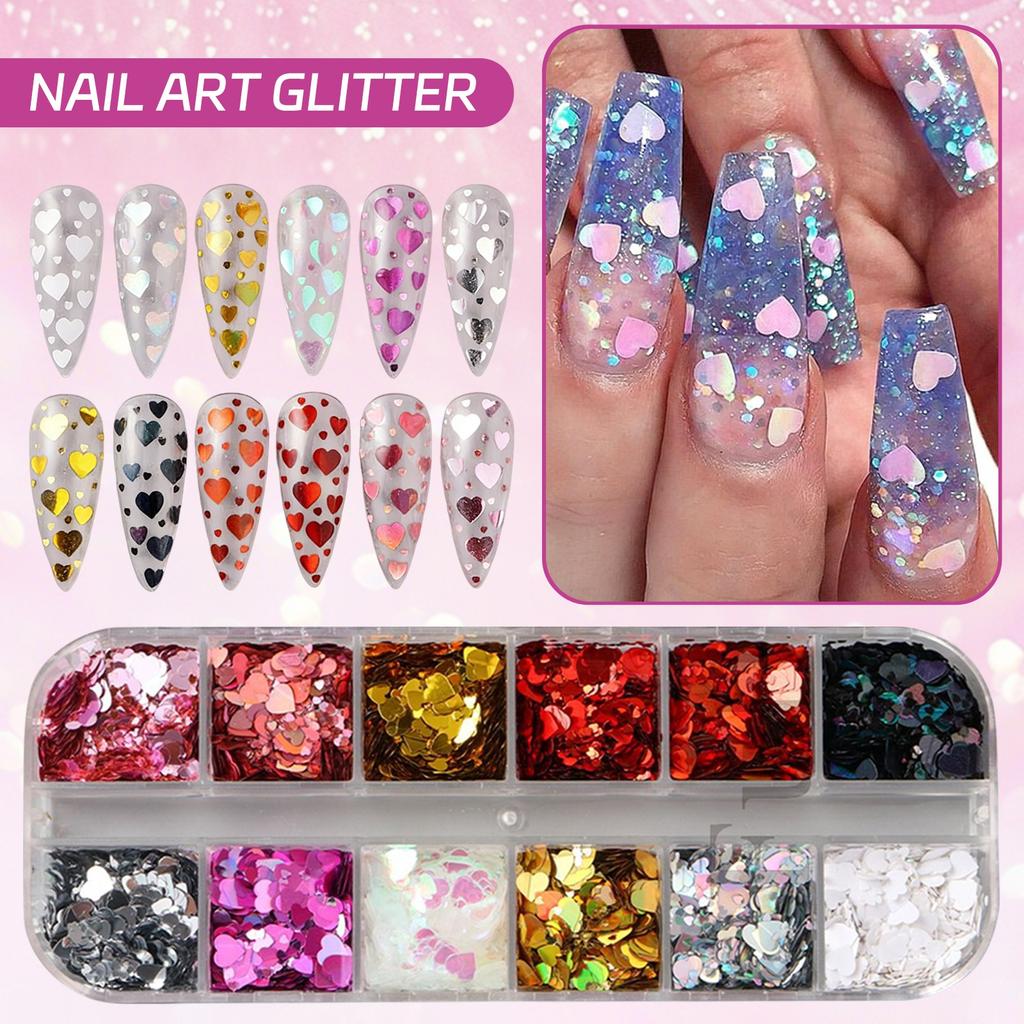 1 Box 12 Color Hearts Nail Glitter Love Nail Sequins  Rose Nail Flaking Sparkly Glitter Flaking Shiny Nail Glitter Valentine Nail Sequins Glitter