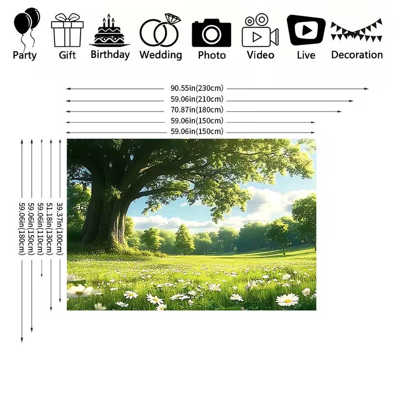 2D Nature Meadow Backdrop Cloth Green Oak Tree White Daisy Photography Background