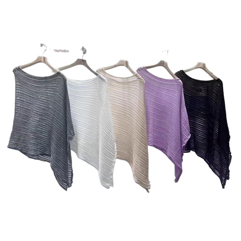 Літня нова однотонна блуза з захистом від сонця на шию, жіночна, універсальна, ажурний в'язаний светр, рукав-летюча миша, шаль-накидка, топ