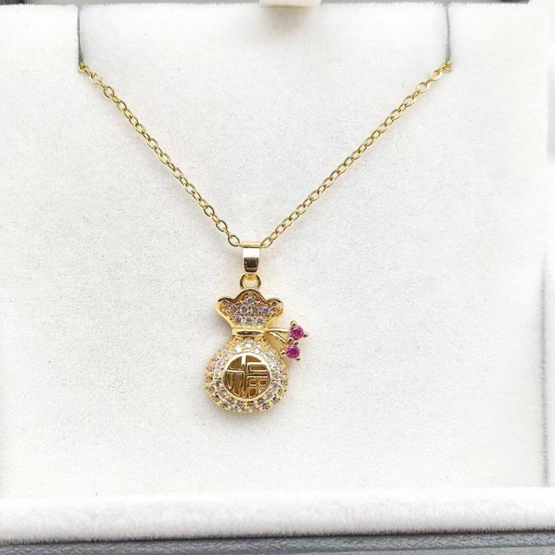 1 Pcs Fine Lucky Bag Copper Pendant with Zircon Necklace Steel Clavicle Chain Women's Girls' Elegant Accessories
