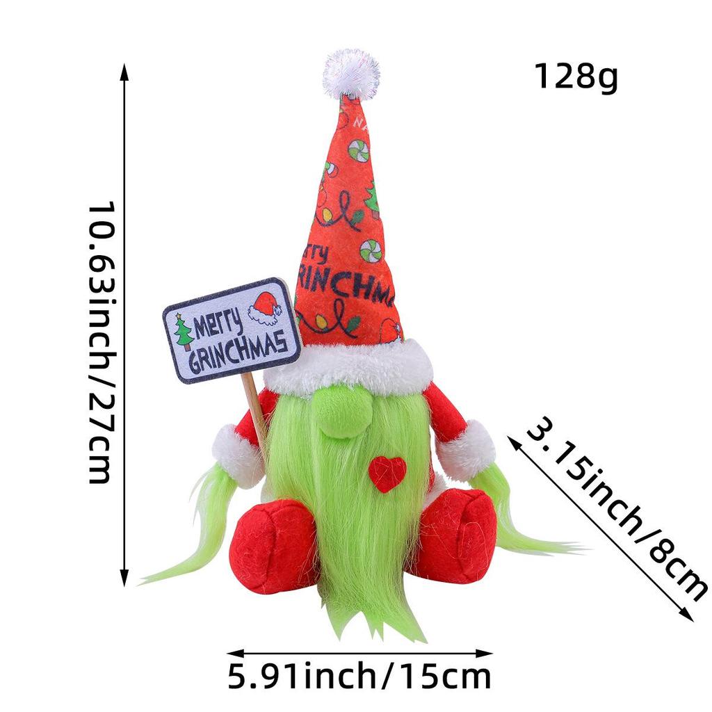 Green-haired Grinch Gnome Doll with Long Beard