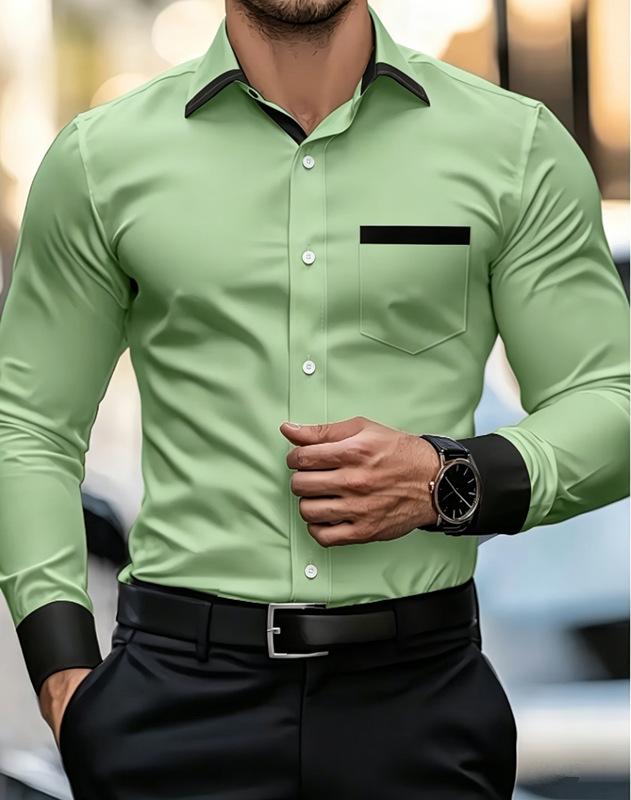 Men's Wrinkle Free Long Sleeve Shirt, Stretch Slim Fit Contrast Collar Luxury Commute Business Casual Shirt for Young Men