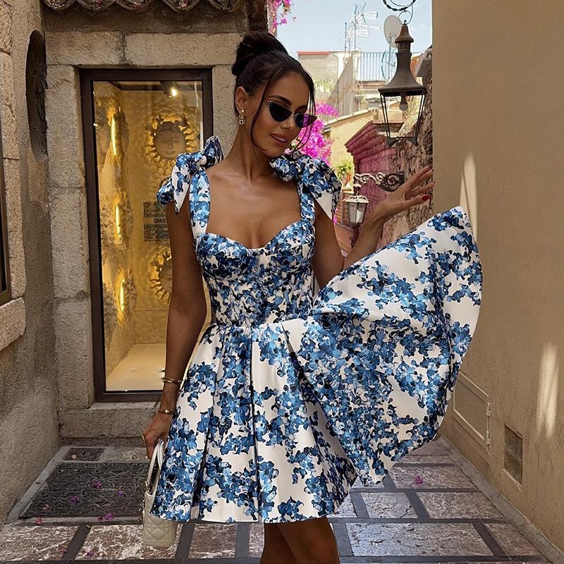 Vintage Blue Print Bow Lace-Up Sling Dress For Women High Waist Pleated A-Line Mini Dresses Summer New Vocation Lady Vestidos