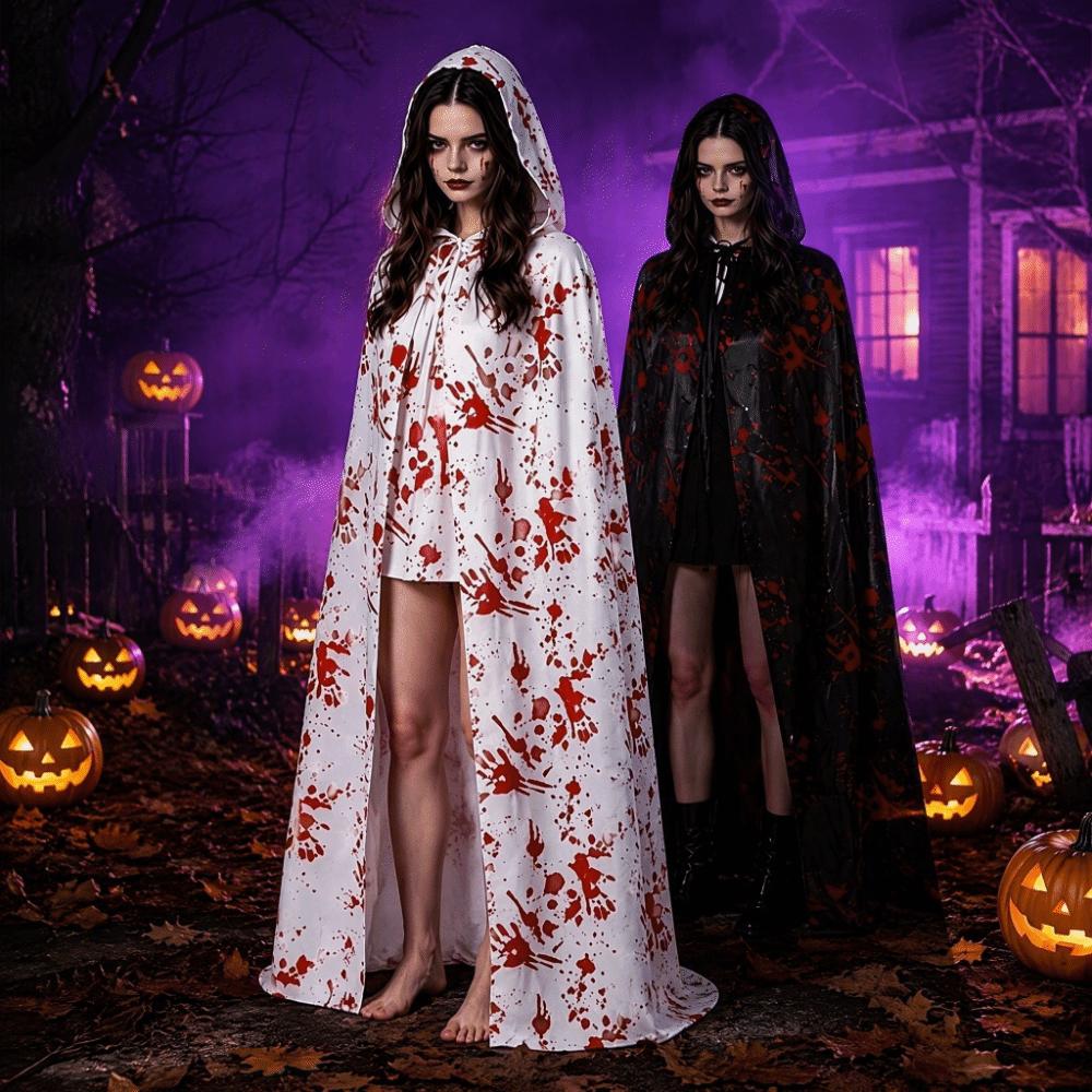 Stretchy Fit Blood Stained Cape Hooded Design Cosplay Costume Cloak  for Horror Dress Up