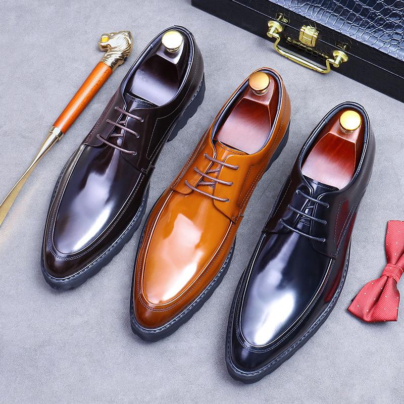 Leather Shoes Men's Genuine Leather Soft Leather Business Dress Shoes Lace-up Platform Patent Leather Shoes