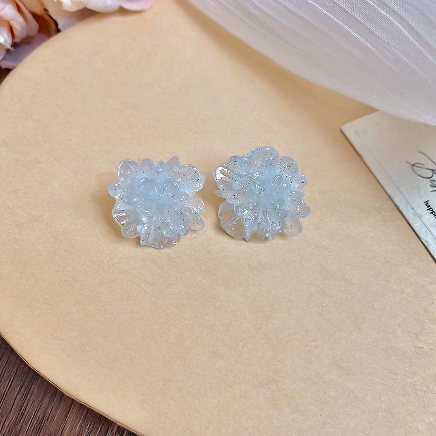 New blue flower fringed earrings, fresh niche design studs, women s summer vacation earrings