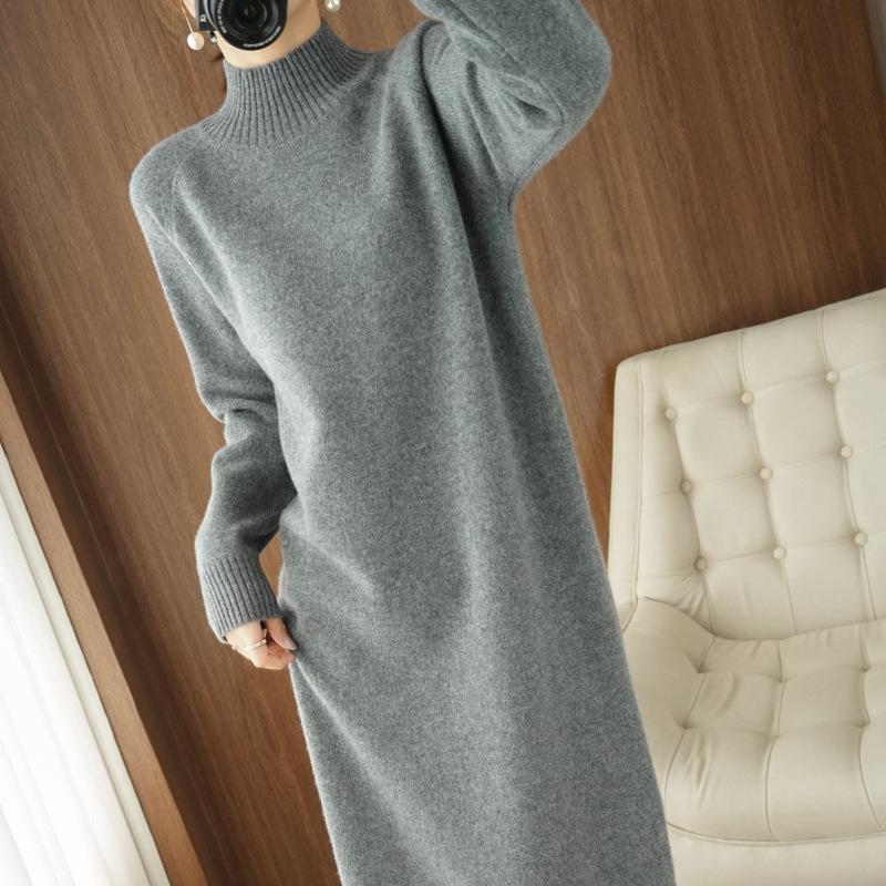 Women's Mid-Length Winter Sweater Dress 2024 - High Collar, Loose-Fit, Over-the-Knee Knitted Style