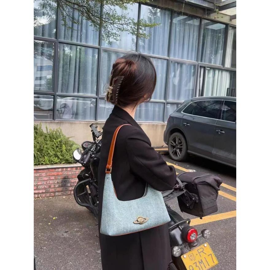 New Denim Canvas Shoulder Bags Casual Blue Top Handle Bags for Women Y2k Underarm Bags Fashion Female Planet Decor Handbags