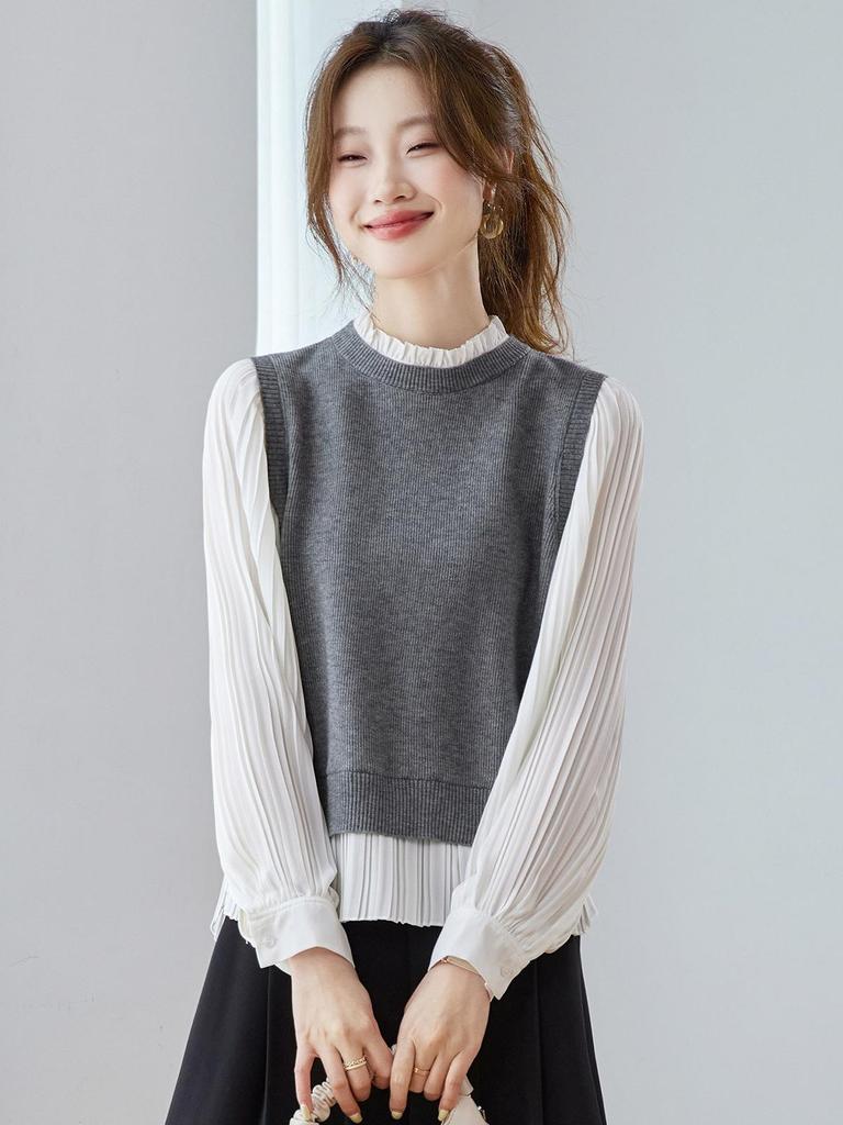 Top in Maglia Color Block con Collo a Volant Stile Coreano Autunno 2025 per Donna