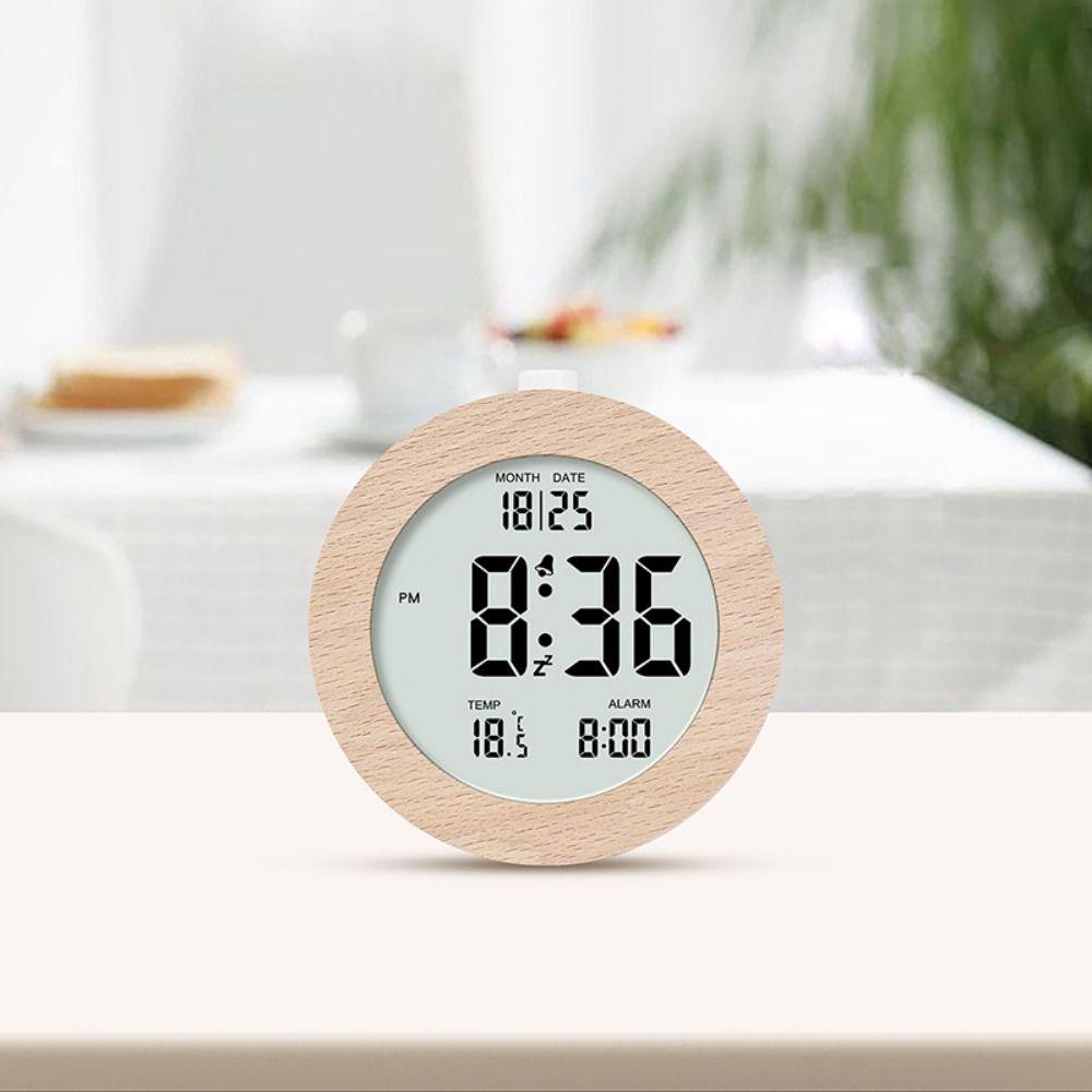 Round/Square Wooden Alarm Clock Nordic Style Battery Operated Multifunctional Electronic Clock Silent with Backlight