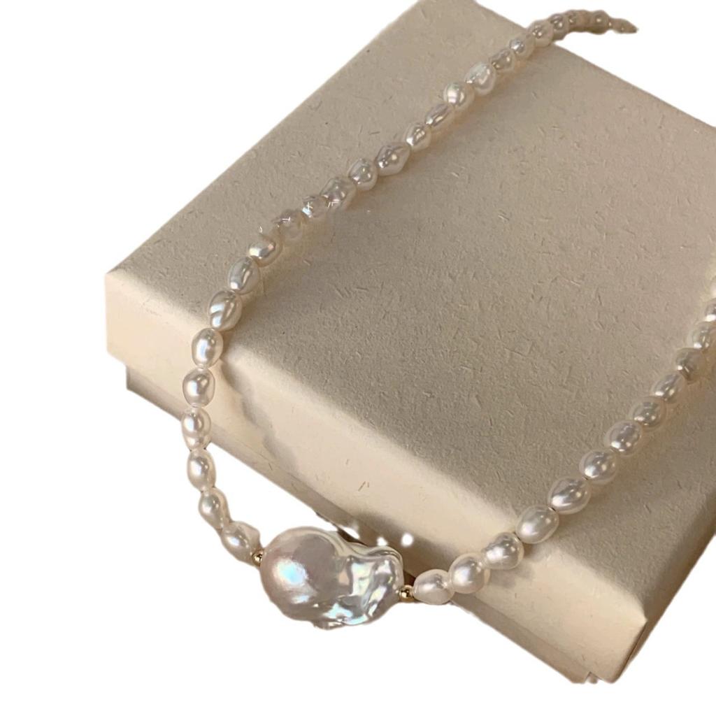Titanium Steel Rice Grain Freshwater Pearl Special-Shaped Big Baroque Pearl Necklace French Retro Elegant Fashion Collarbone Chain Women