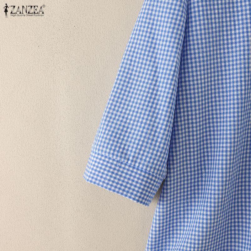 ZANZEA Damen Karo-Print Lässige Rundhals-Bluse mit 3/4-Ärmeln