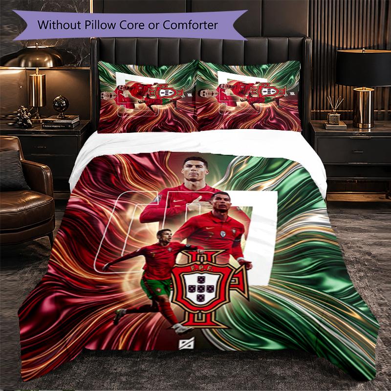 Portugal Football Pattern 3 Pieces Bedding Set Soft Microfiber Duvet Cover with Pillow Cases for Bedroom