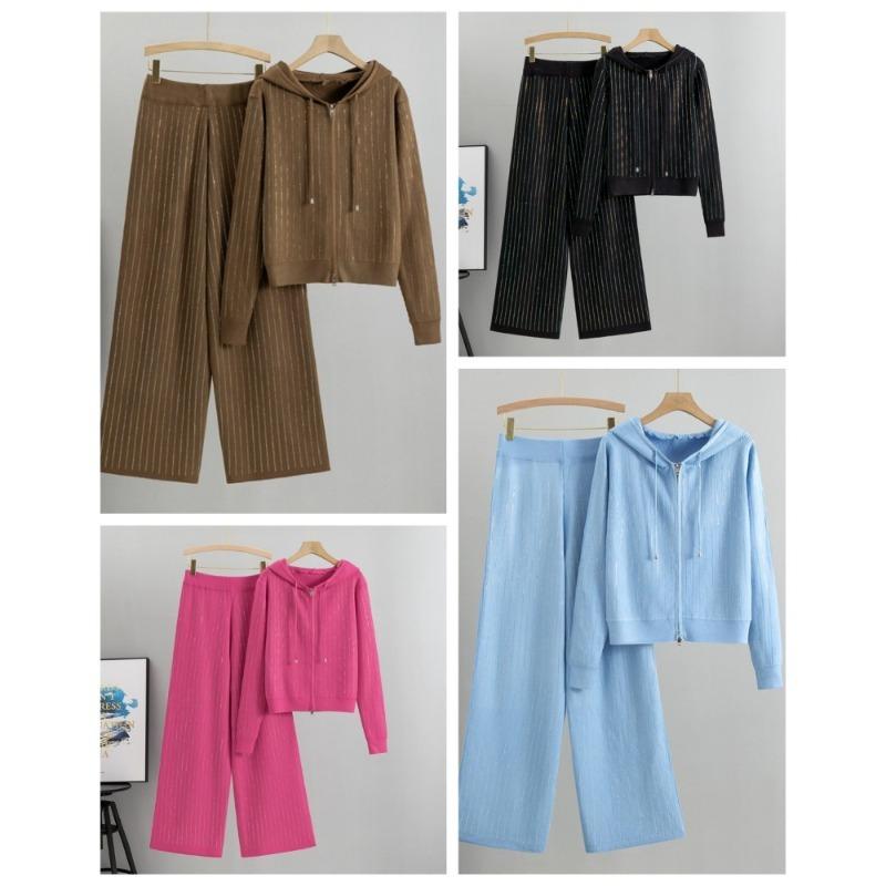 Women's Wide-leg Pants Hooded Knitted Cardigan Two-piece Set Women's Autumn Fashion Loose Casual Hot Diamond Set
