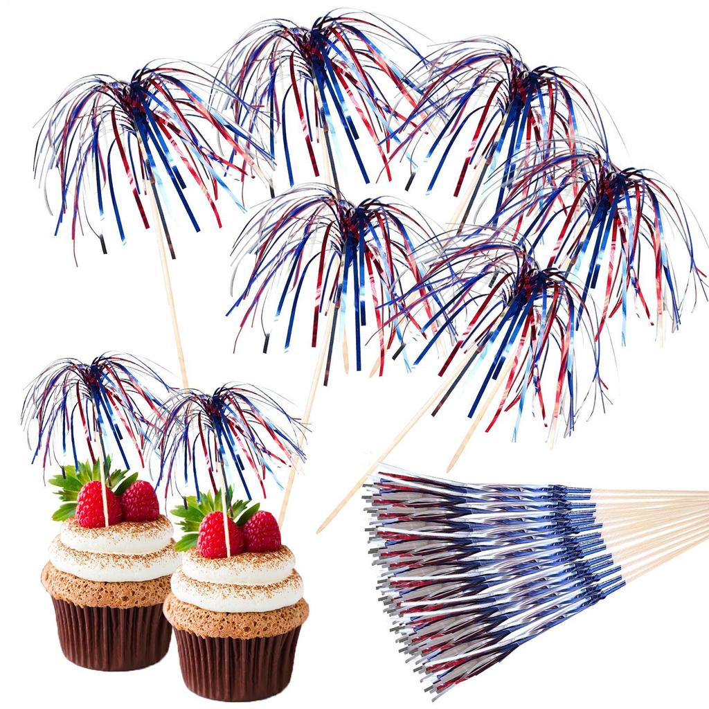 Cocktail Picks 50 Pieces Firework Cupcake Picks Food Fruit Toothpick for Patriotic Decorations BBQ Drink Dessert 4th of July